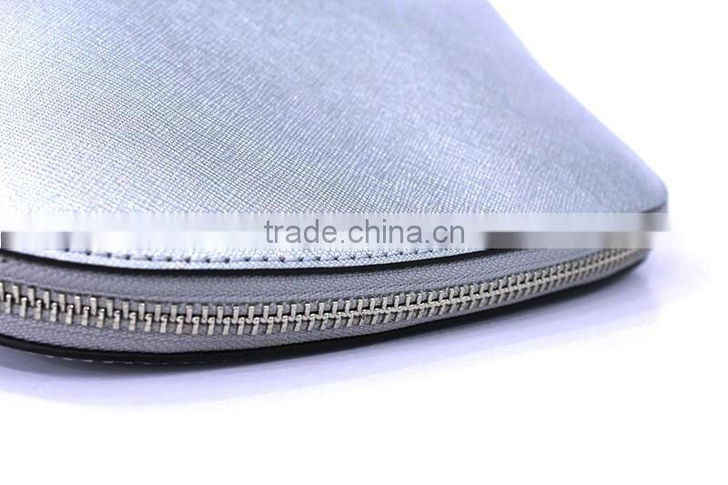 Kind workmanship Genuine leather silver makeup bag metal zipper closure