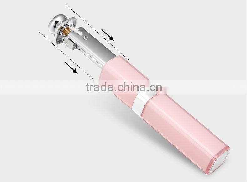 2016 New Wholesale mini automated selfie stick lip gloss selfie stick with cable for iphone and Android Smart phone