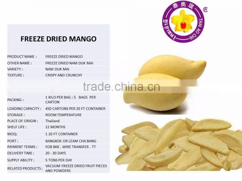 Freeze dried Mango fruit slices from Thailand