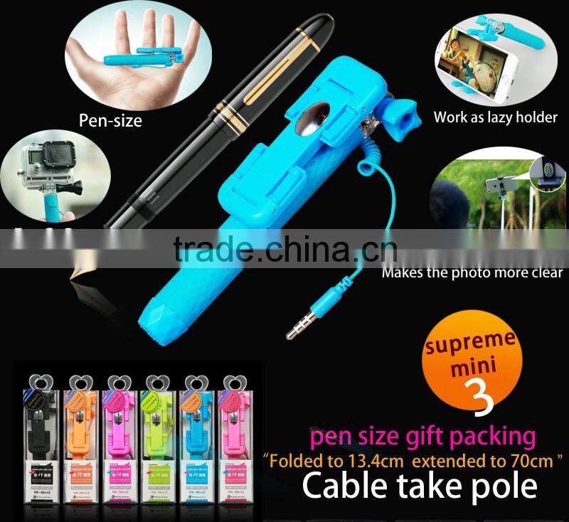 Promotional mini monopod , Cable Take Wired mini Selfie Stick , selfie monopod
