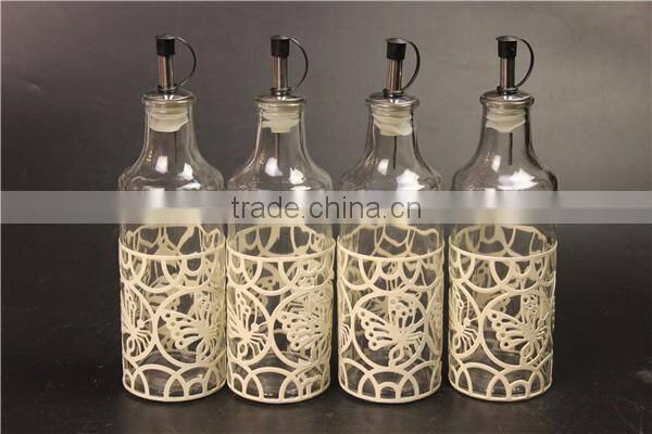 glass oil olive vinegar jar bottle set with white metal coating