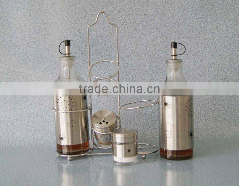 shining stainless steel coated glass cruet with metal rack