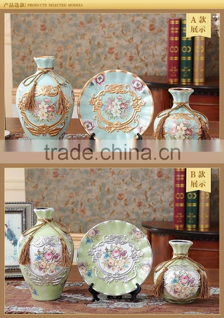 Set of 3 piece home decoration ceramic vase, ceramic plate