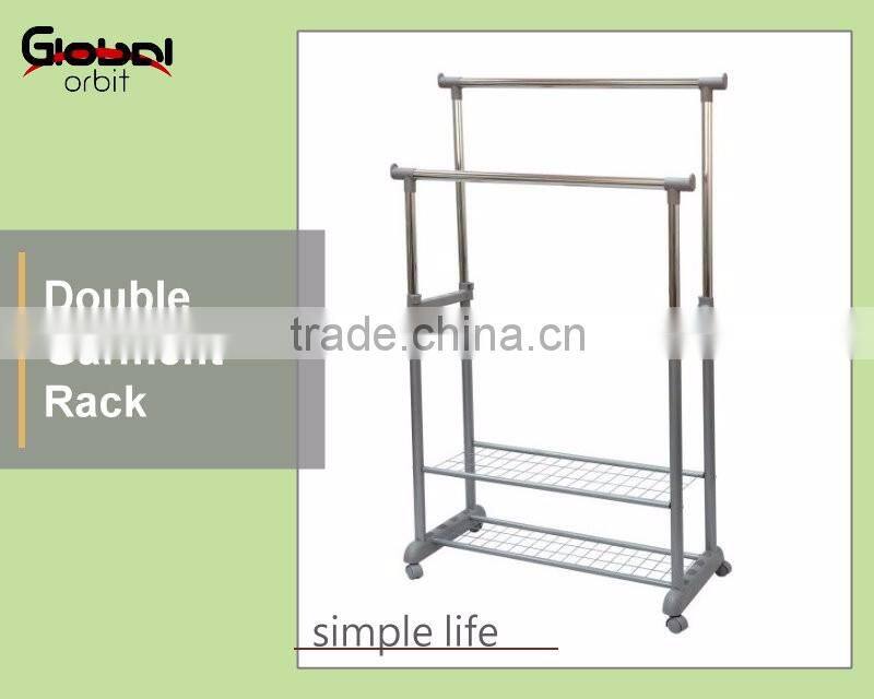 Coat Hanger Stand Storage Metal Laundry Double Clothes Rail Rack With Shelf