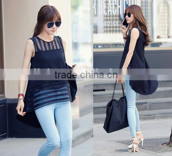 Blusas Femininas 2015 Summer Black Tulle blusa Women Blouses Ladies clothing organza sleeveless striped chiffon Blouse