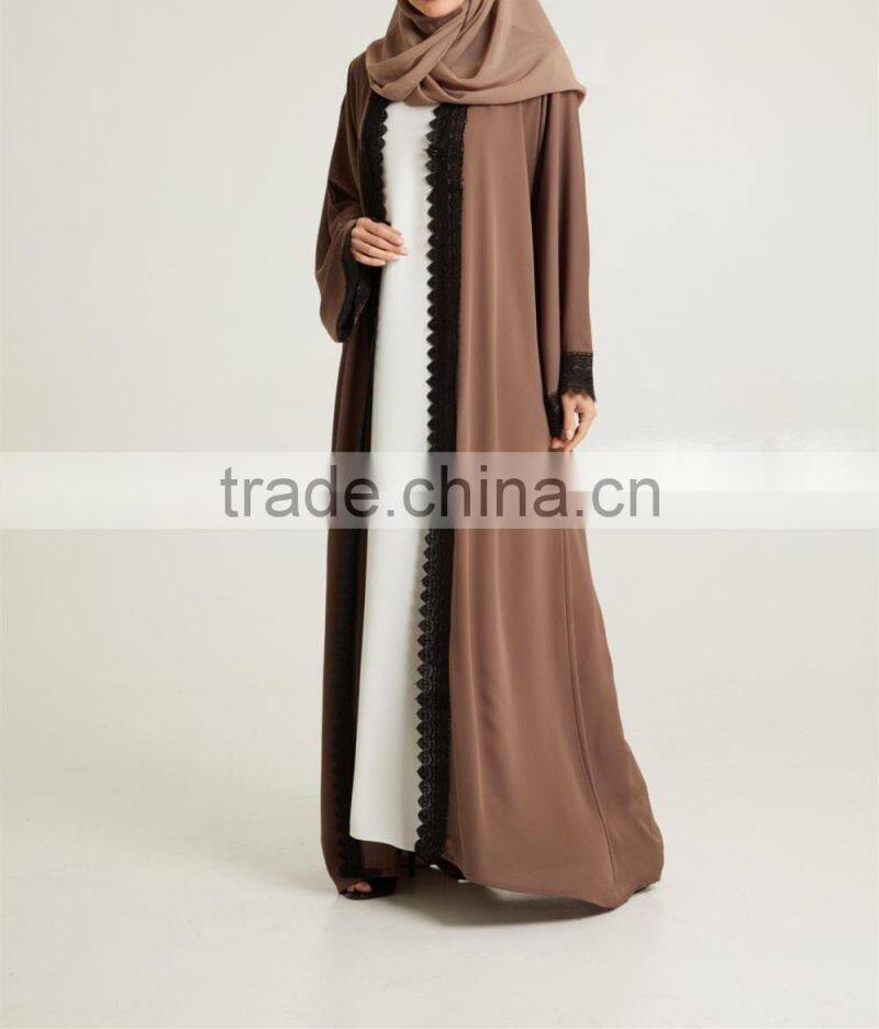 Dubai wholesale clothing 2017 Tassle belt Lace detailing Pop up buttons Mocha Nida Open Dubai Abaya