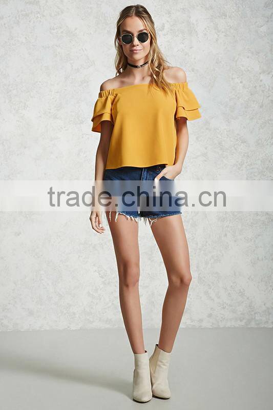 Woman Off The Shoulder Yellow Short Puff Sleeve Latest Blouse Designs