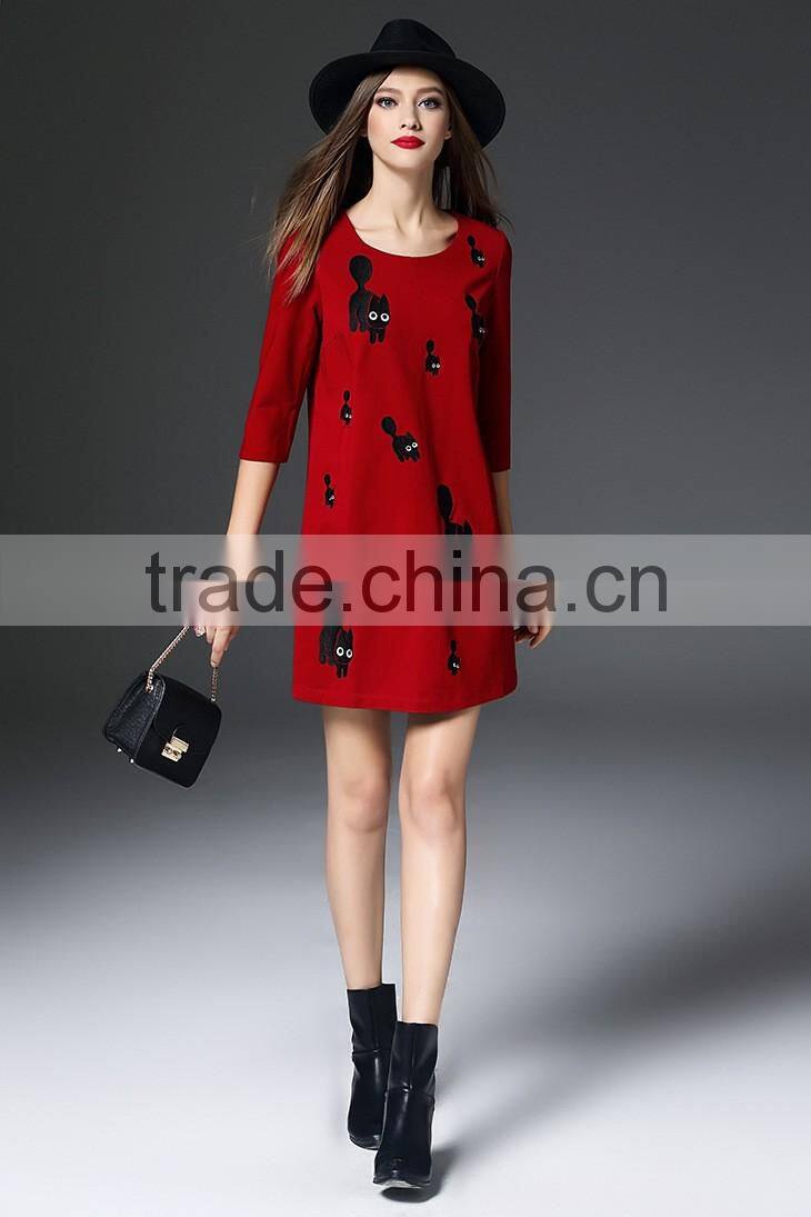 New fashion pocket three-quarter sleeve red color roma fabric embroidery beautiful lady one-piece dress