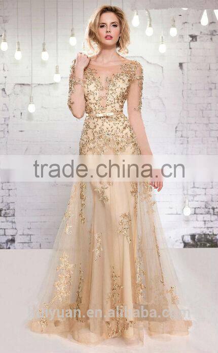 new gold long sleeve full length scoop neck evening dresses for veiled