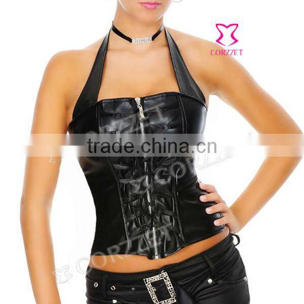 Women Black Neck Leather Corset Tops Cheap And High Quality