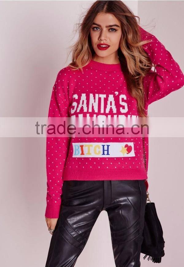 MGOO Custom Design Ladies Christmas Sweater Knitwear Women Diy Crop Jumper With Split Side Pink