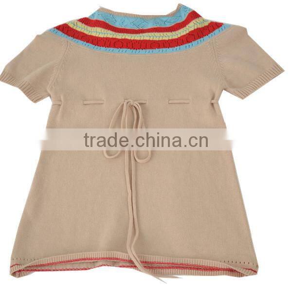 Spring girl's round neck jacquard pullover sweater with belt