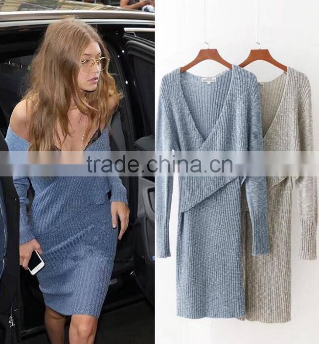 Runwaylover 147 Sexy Deep V-Neck 2017 Ladies Knitted Slim Casual Dress