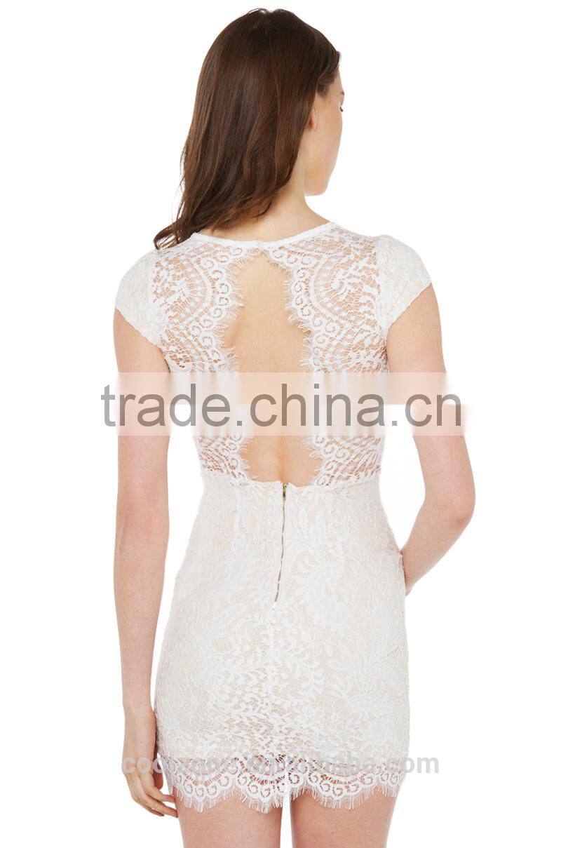 Sexy v neck cap sleeve cap lace dress for lady