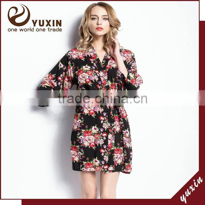 Wholesale kimono Style Bridesmaid robe knee length cotton floral robe FR0018