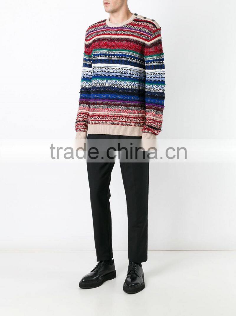 Multi Color Crew Neck Knitted Jumper Men's Intarsia Sweater with Button Decoration on Shoulders