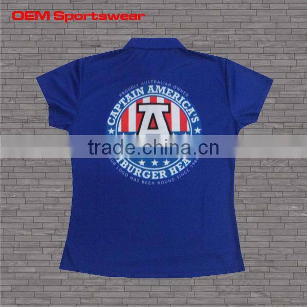 Dye sublimated blue womens polo shirts with custom logo