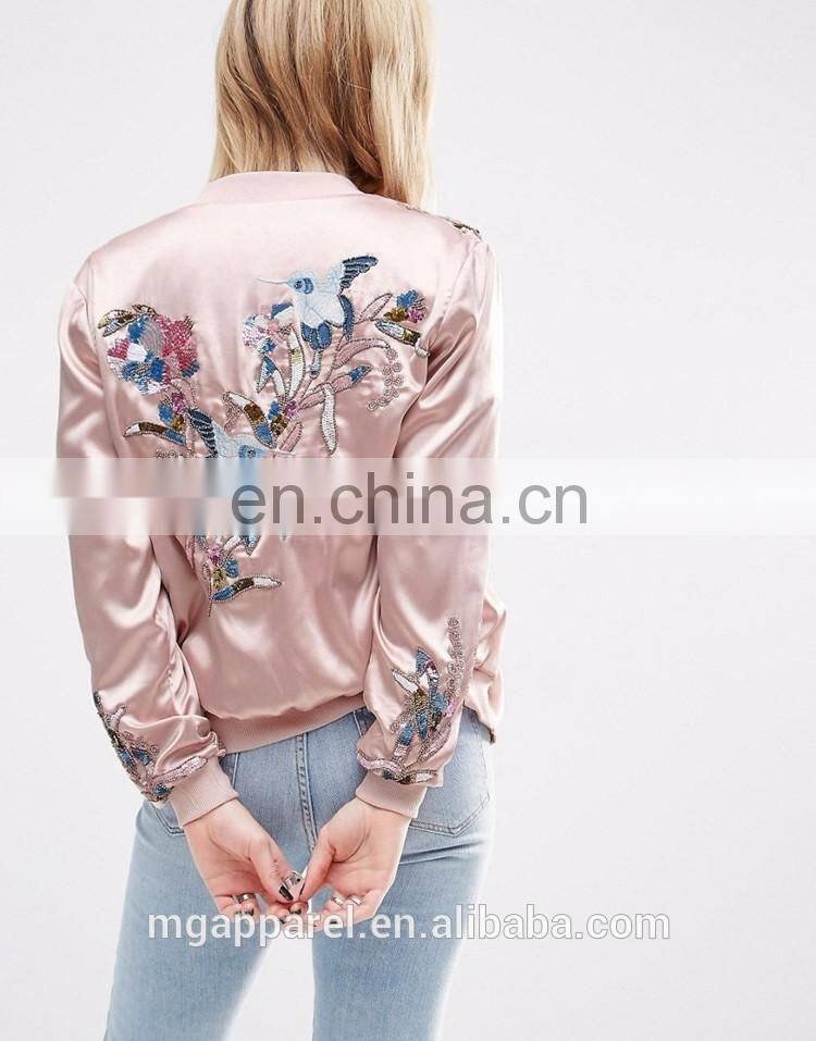 2016 Fashion women embroidered satin bomber jacket wholesale