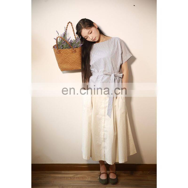 Blue Stripes O-Neck 100% Cotton Elegant Lady's Shirt With Belt