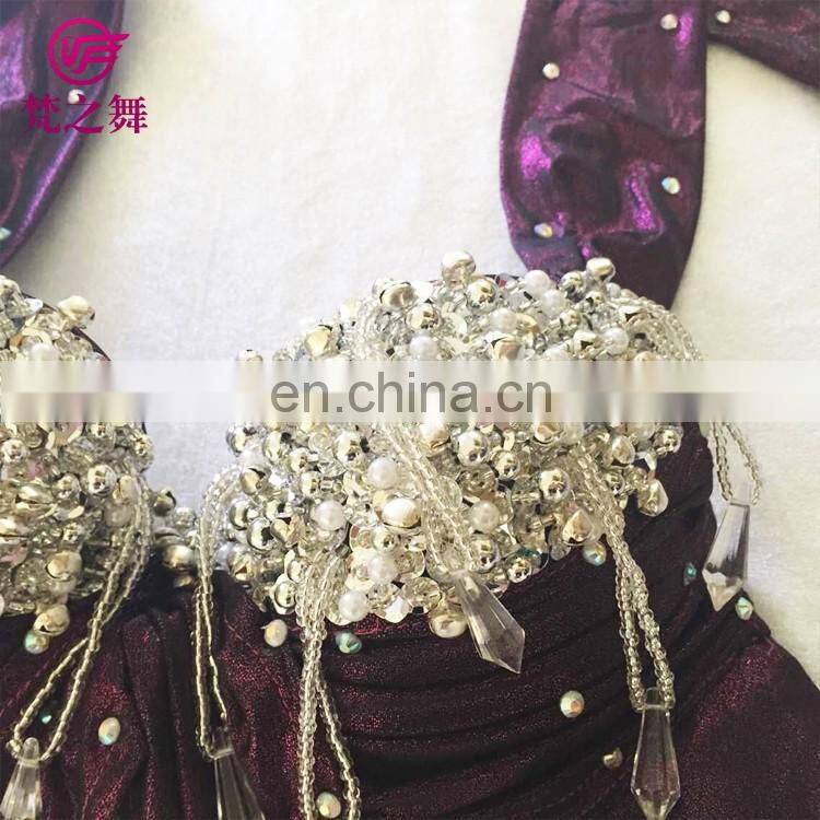 High-grade 5pcs hot stamping ice silk bellydance costume with handmade bell