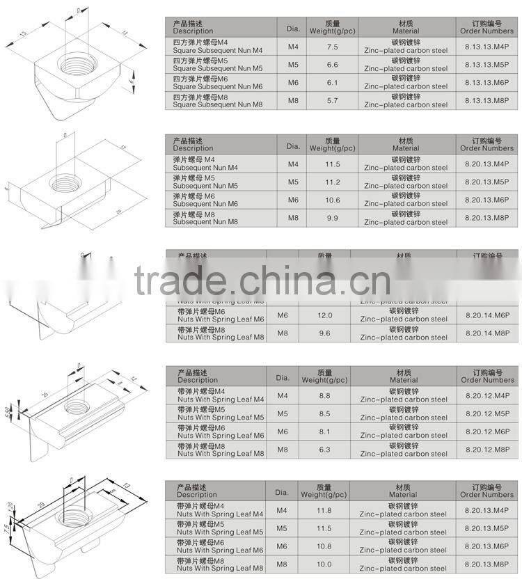 M4 Roll-in T Slot Nut with Spring Leaf Elastic Nut for 40 serie Aluminum Profile Slot 8