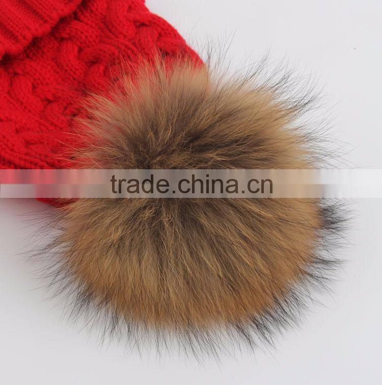 Custom Wool Knitted Racoon Fur Pom Pom Beanie Hat