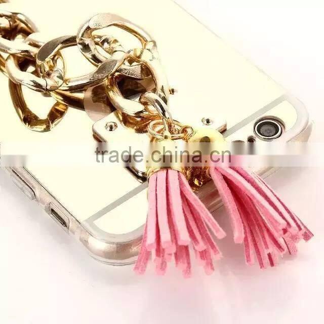 Luxury Tassel Metal Chain Mirror Rubber TPU Mobile Phone Cover Case For Apple iPhone 5G 5S 6S 6 Plus