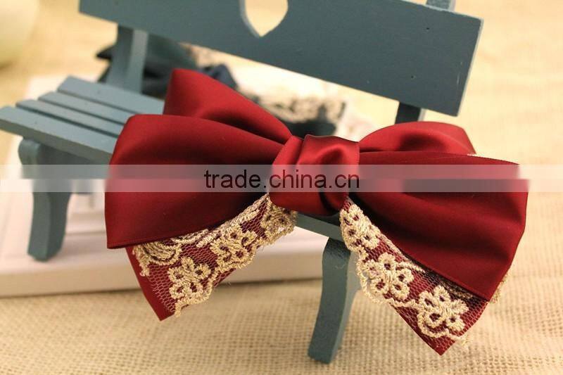 Large three layered satin ribbon bow Clip,Gold Lace bow Flower
