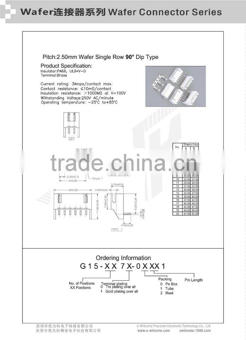 Pitch:2.50mm Wafer Single Row 90 Angle Dip Type 6 Pin Connector