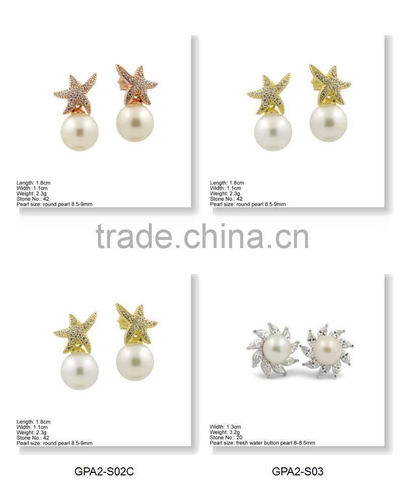 GPA2-004 Customized design 925 Silver Stud Earring with CZ Stones & Pearl Stone