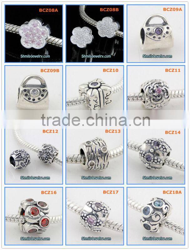 Wholesale 925 Silver Purple CZ Crystal European Flower Beads BCZ48