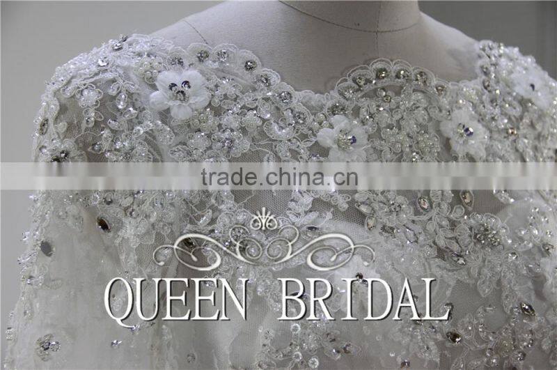 Long Sleeve Appliqued Lace Crystal Beaded Arabic Wedding Dress For Muslim Woman