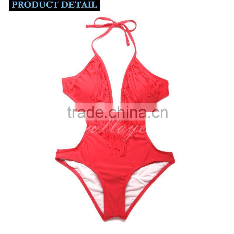 2016 New Sexy Red One-piece Swimsuit with Fringe and Side Cut-outs Colloyes