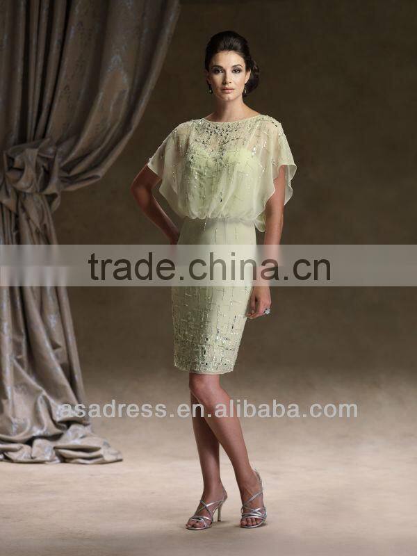Chiffon Elegant Green Above-the-Knee Sheath with Beaded Sheer Blouson Bodice Beach Dresses for Mother of the Bride(MOMO-3028)