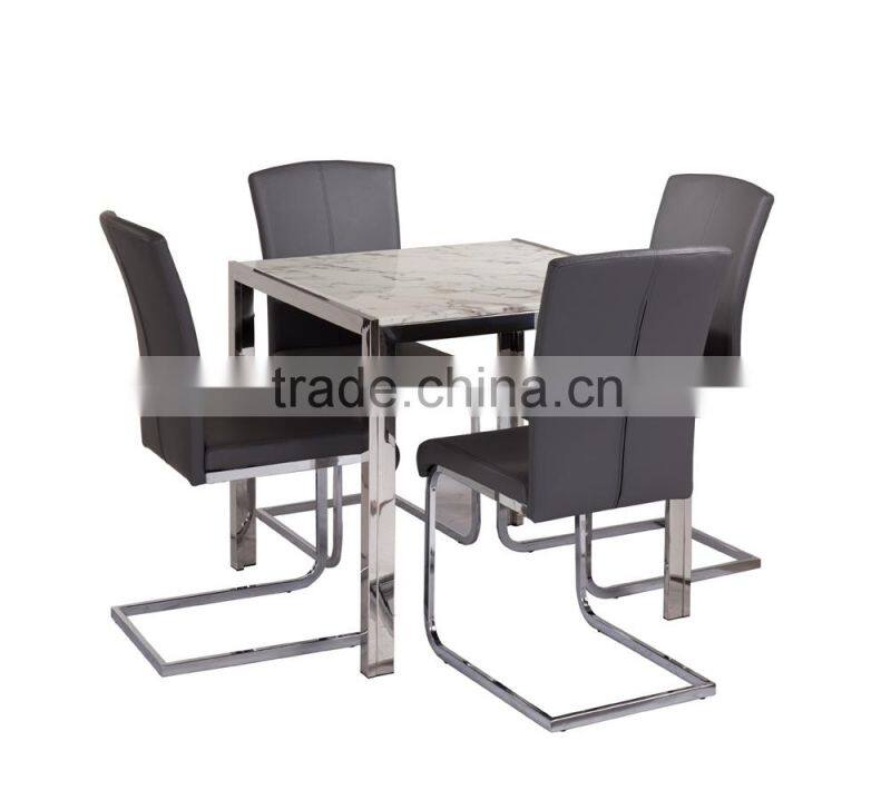 Marble top metal dining table with leather dining chair