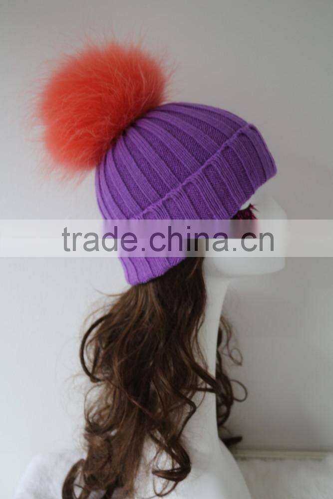 Big Dyed Orange Raccoon Fur Ball With Knit Rib Beanie Purple Cap Fluffy Fur Pompom Knitted Wool Hat
