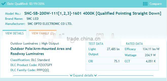 UL DLC Certification and Magnesium Alloy housing 200w led outdoor parking lot lighting