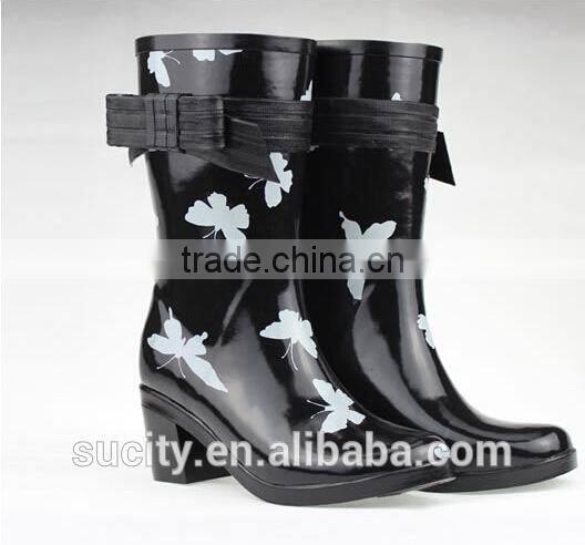 butterfly wedge heel womens rubber rain boots with strap