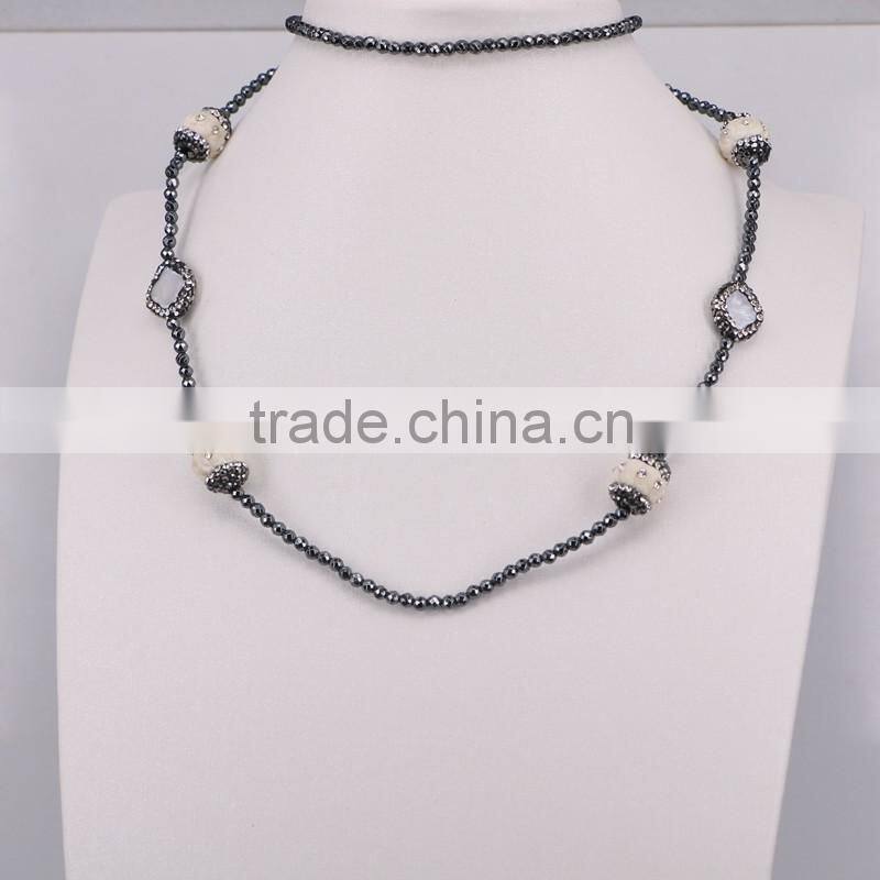 Charm Carved Shell Gem Necklace, with 3mm Black Hematite Beads Necklace, Pendant Druzy Natural Stone Necklace