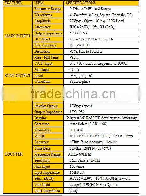 Function Generator PT-5203 Waveforms 4 Waveforms(Sins, Square, TriangleDC) Frequence Range 0.2Hz~60MHZ