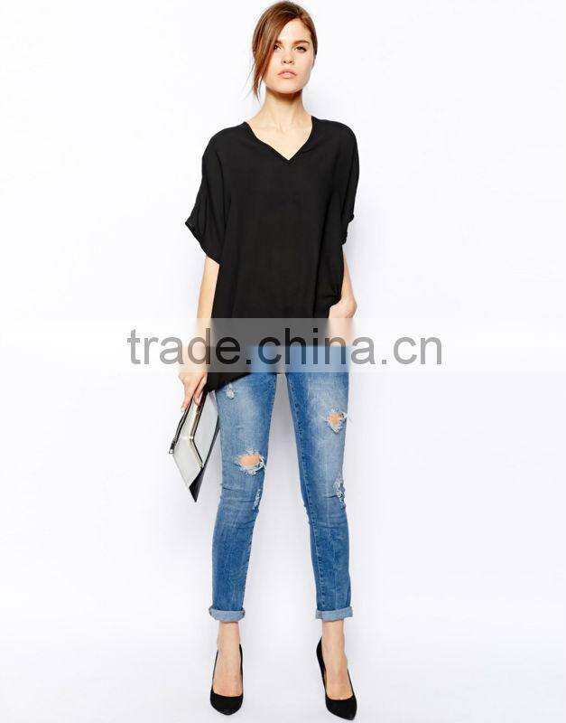 China wholesale shirt woman Polyester V- neckline New Designer Plain Black T shirts