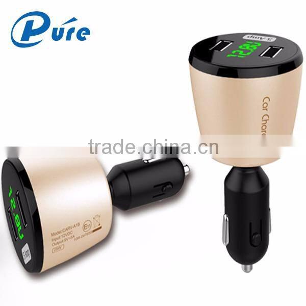 4 in 1 Dual USB 360-Degree Rotation Car Charger Cigarette Lighter Plug With Digital Voltmeter Ammeter Temperature Gauge for Cell