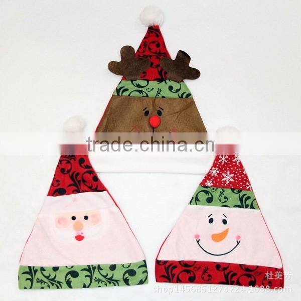 China factory 3 smiling face of the Santa Claus elk snowman fabric Xmas cap wool felt Christmas hat set with antler pompon
