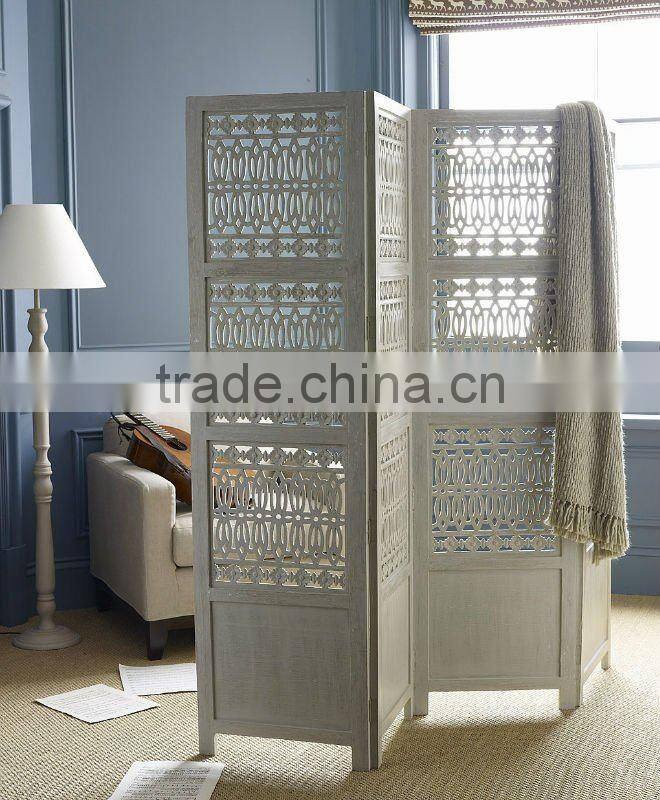 Grey Washed Carved Room Screen