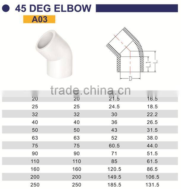 HIGH QUANLITY 45 DEG ELBOW OF PVC GB STANDARD PIPES & FITTINGS FOR WATER SUPPLY
