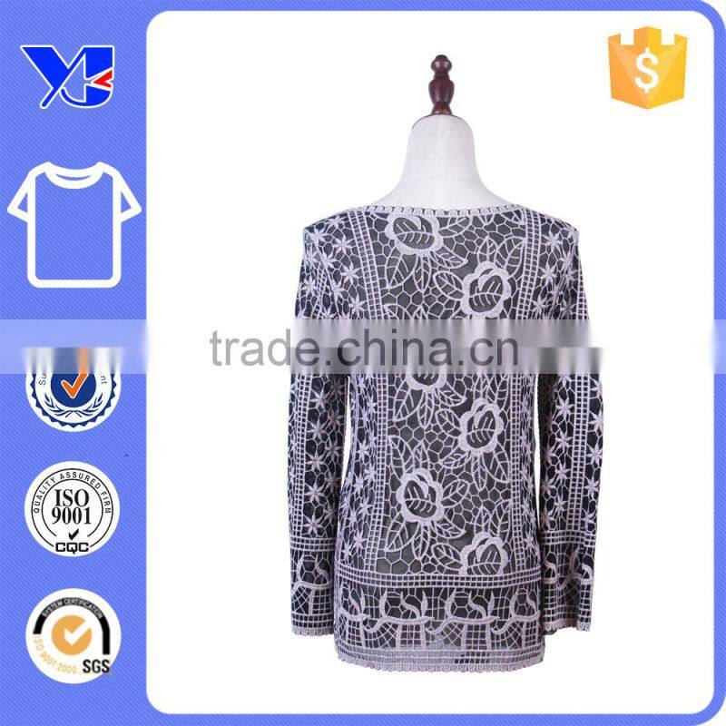 Factory Price Ladies Elegant Long Sleeve Flower Crochet Blouses