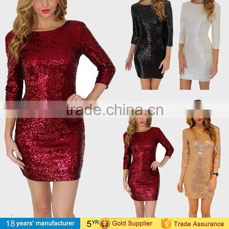 2017 sexy round neck long sleeve slim bodycon shinny bling winter party night prom sequin mini dresses for women lady