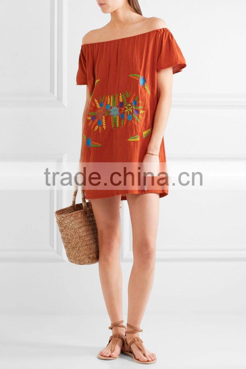 Mexican Women Summer Boho Off-The-Shoulder Colorful Embroidery Patch Crinkled Cotton Mini Names Of Girls Dresses HSD5858