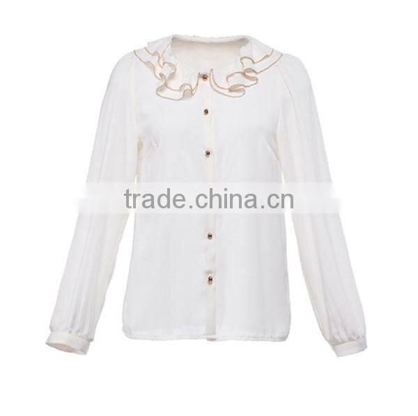 2014 fashion polyester long sleeves ruffle neck direct manufacturer high quality girls sleeveless blouse
