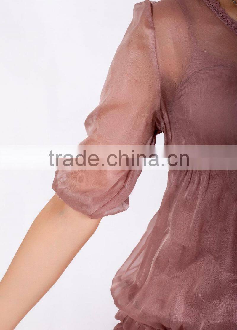 New fashion Women V -neck pleated 100% silk dress for autumn 2015